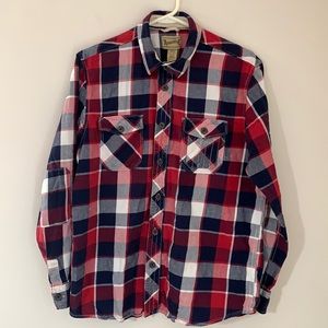 Vtg Roebuck & Co Red White Blue Plaid Western Cowboy Flannel Men’s Sz Large